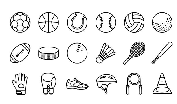 Athletic sports equipment outline icons with balls rackets gloves shoes and helmets vector