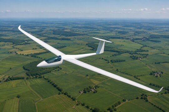 White glider aircraft soaring over green patchwork fields