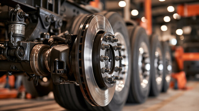 Close-up of truck disc brakes and wheels on a manufacturing assembly line. Professional heavy vehicle maintenance and logistics technology concept for industry.