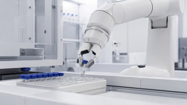 White robotic arm handling sample in research lab automation
