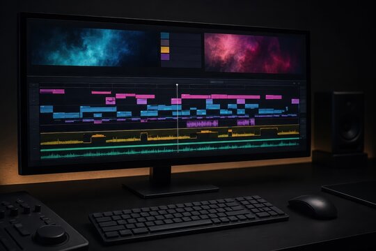 Video editing timeline on a wide monitor in a dark studio