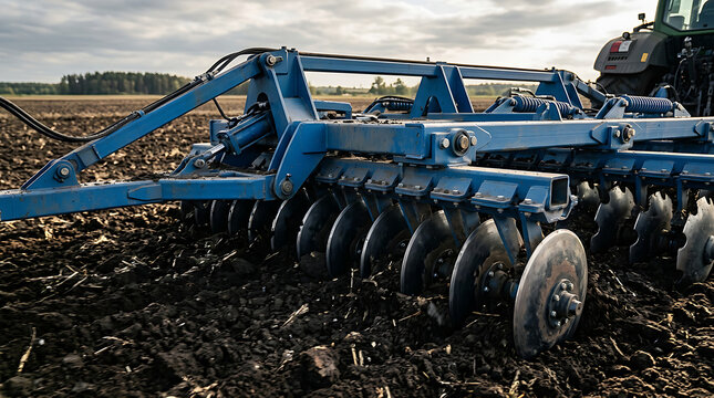 Heavy duty blue agricultural disc harrow in field.