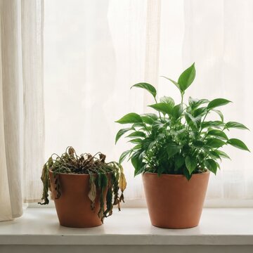 Wilting plant beside a thriving one on a bright windowsill
