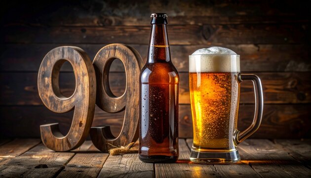Rustic Beer Bottle and Glass with Number 99 &ndash; Birthday and Anniversary Celebration