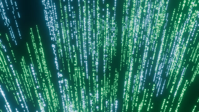 Binary code data stream digital green abstract background with glowing vertical rain, technology and cyber pattern