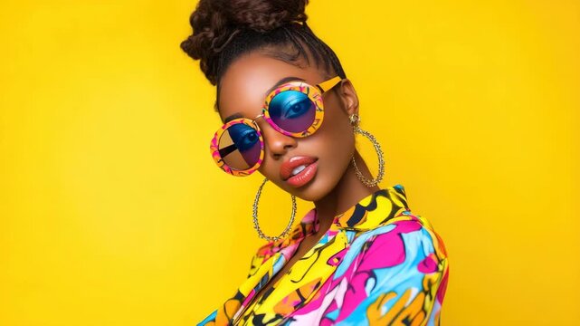 Modern fashion model showcasing colorful attire and trendy eyewear.