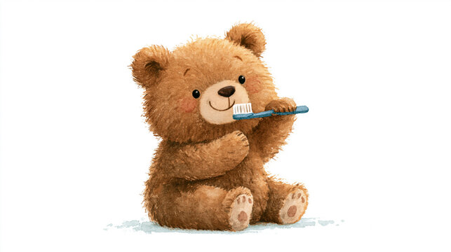 Cute Watercolor Bear Brushing Teeth Concept for Kids Dental Care