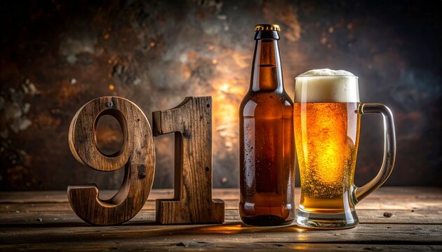 Rustic Beer Bottle and Glass with Number 91 &ndash; Birthday and Anniversary Celebration