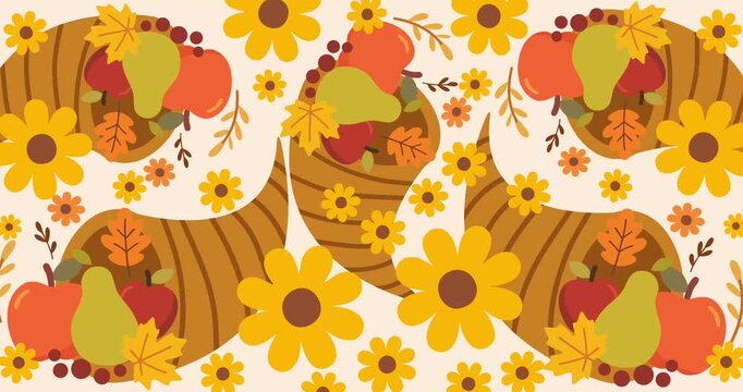 festive harvest cornucopia pattern with fruits and colorful flowers
