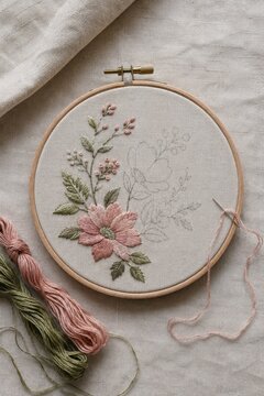 Embroidery hoop with half stitched floral design