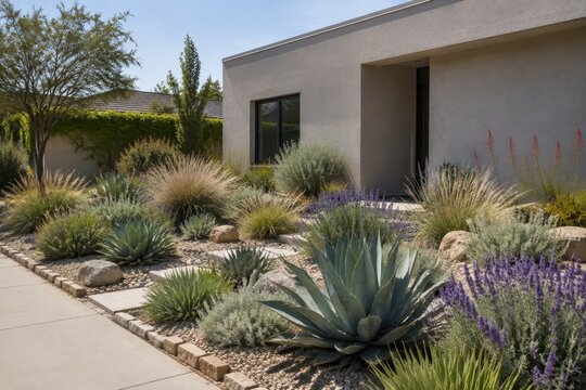 Xeriscape front garden with drought tolerant plants and gravel