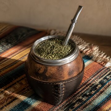 Yerba mate gourd with metal straw on woven textile