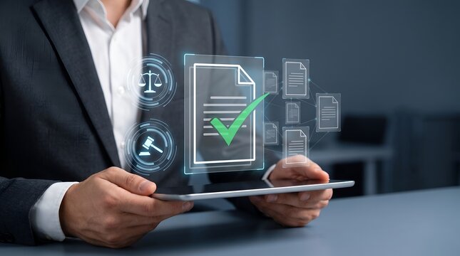 Legal compliance regulatory approval concept with smart contract documents justice scales and gavel on digital tablet