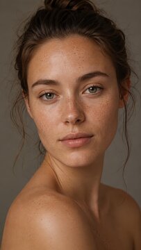 Young woman with freckles natural portrait soft studio light