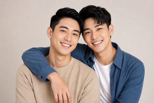 Two young men in blue and beige shirts smiling and embracing each other against a plain background