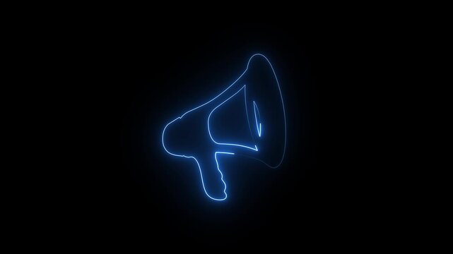 Blue color neon hand megaphone and mic icon animation glowing on black background.4k animation video