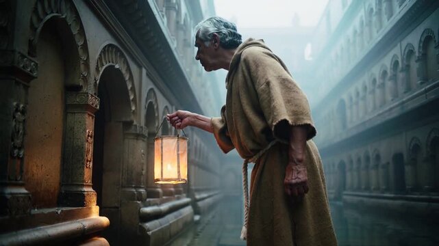 Wading rope-belt monk holding lantern, glow leading peering at niche in cloister, copy space
