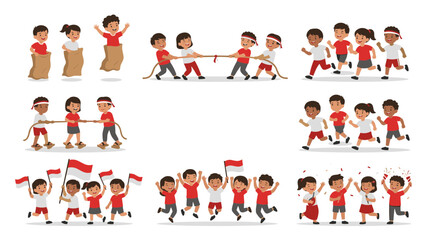 Fototapeta premium Children playing traditional games for indonesia independence day