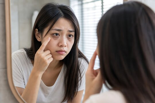 Young woman in white shirt examining her face in a mirror with concerned expression in a bright room