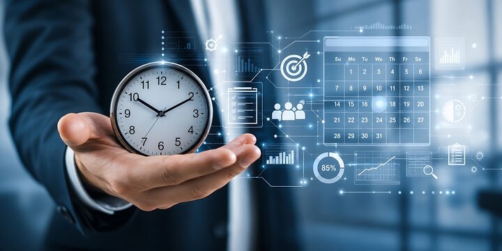 Businessperson holding a white analog clock with digital icons and charts floating in the background