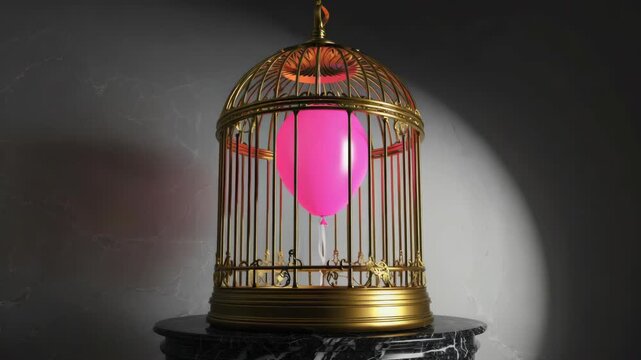 Pink balloon floats inside golden birdcage. Cage rests on dark marble surface. Light highlights cage and balloon. Soft shadows frame the scene. Minimalist composition, elegant stillness