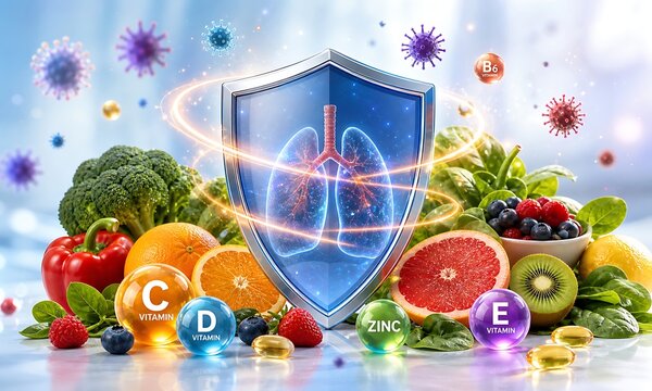 Colorful fruits and vegetables surrounding a glowing shield with lungs and vitamins c, d, e for health and immunity