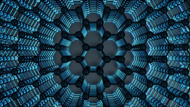 Graphene Battery Conductivity Stack loop Horizontal Blue. This nano technology 3D animation represents engineering at the molecular level.