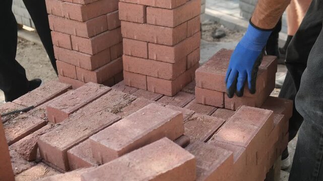 Construction worker stacks red clay bricks into a separate pile for manual transport to the building site, masonry wall construction, skilled mason work, commercial and municipal projects