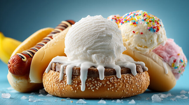 Creative fast food mashup concept featuring a savory burger bun topped with ice cream