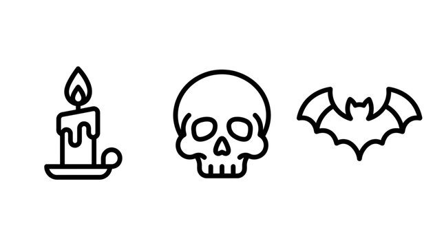 Spooky halloween line art icons set with burning candle human skull and flying bat halloween minimalist isolated collection decoration celebration skeleton