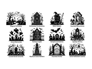 Fototapeta premium Magical cemetery and enchanted tombstone silhouettes for fantasy horror scene decoration.