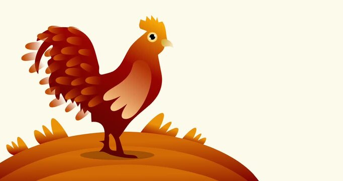 proud golden rooster standing on small grassy hill landscape