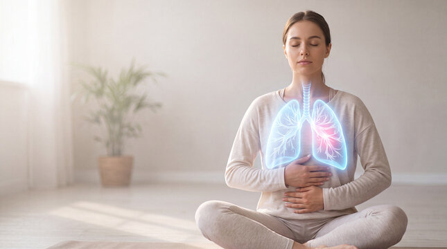Woman using a breathing and wellness app in a studio