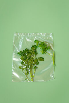Vacuum packed parsley for herb storage on green background