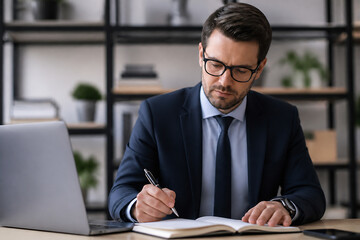 Obraz premium A well-dressed man wearing glasses is studying a book while using a laptop in an office setting.