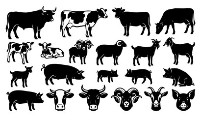 Fototapeta premium Cow Bull Calf Ram Goat Pig and Farm Animal Black Silhouette Vector Illustration Collection