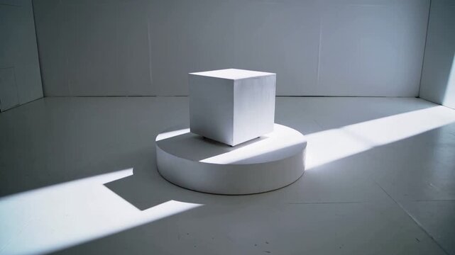 Shifting light entering slit in studio moving toward white cube on round base, casting shadows