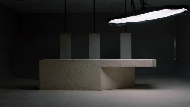Shifting rig moving hanging light tilting across studio plinth with 3 slabs, showing right overhang