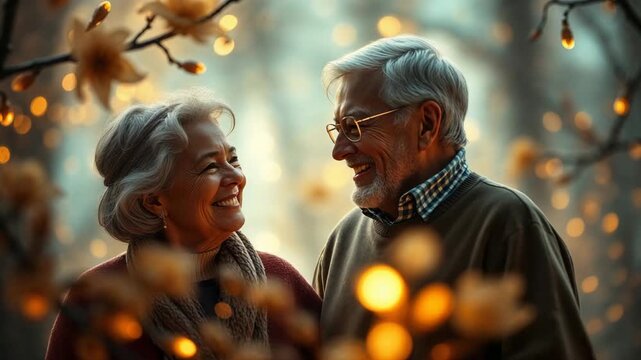 Joyful gray-haired partners sharing a deep emotional connection and tender evening moment, surrounded by warm golden bokeh for romantic relationship videos and heartwarming lifestyle footage video.