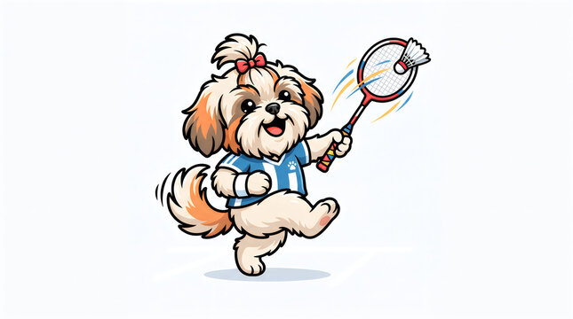 Cute shih tzu dog playing badminton with shuttlecock and racket on white background