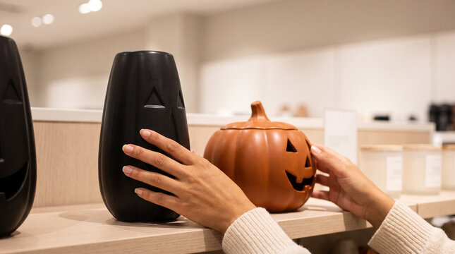 Halloween retail, seasonal shopping with carved pumpkin display