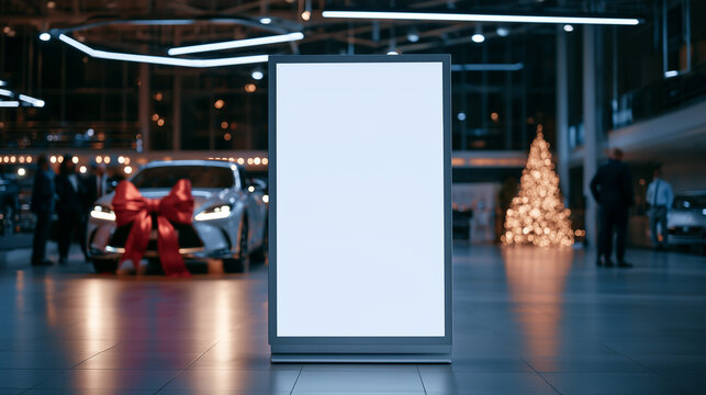 Blank signboard beside a Christmas gift wrapped car in a modern vehicle dealership showroom