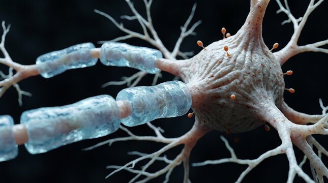 Microscopic view of biological neuron cell with myelin sheath with branching dendrites segmented biomedical