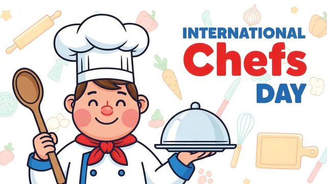 Cheerful animated chef character presenting culinary utensils under International Chefs Day banner for gastronomic event promotion, restaurant marketing, and food service industry video