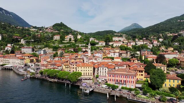 Menaggio Waterfront on Lake Como - Historic Lombardy Town Below Alpine Mountains