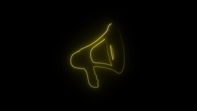 Neon hand megaphone and mic icon animation glowing announcement symbol marketing on black background.4k animation video