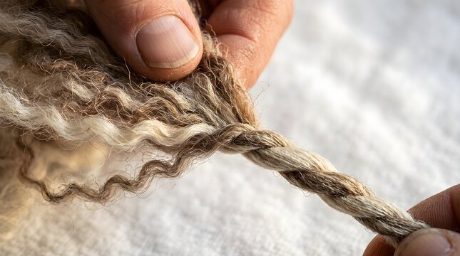 Natural raw wool spinning by hand, rustic sheep fiber twisting process, organic wool yarn production for textile crafts