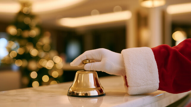 Santa Claus pressing a gold hotel service bell at the reception desk with a decorated Christmas tree in the background.