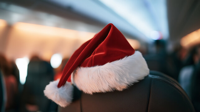 Christmas travel and holiday vacation journey with a red Santa hat resting on an airplane seat.