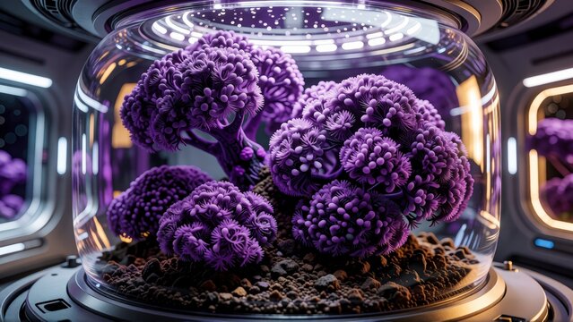 Purple alien tree growing inside a futuristic glass laboratory bio-dome chamber.